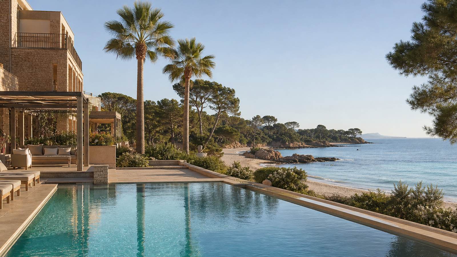 KI-generiertes Mallorca-Stimmungsbild eines mediterranen Hotel-Außenbereichs für den Hotelcheck des INTUROTEL CALA ESMERALDA in Cala D´Or