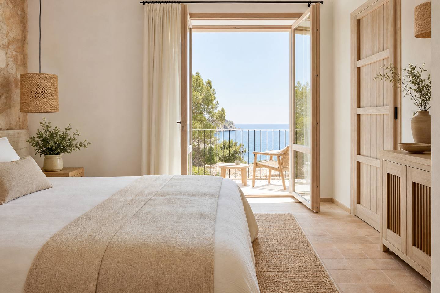 KI-generiertes redaktionelles Stimmungsbild eines mediterranen Hotelzimmers für den Hotelcheck des INTUROTEL CALA ESMERALDA in Cala D´Or
