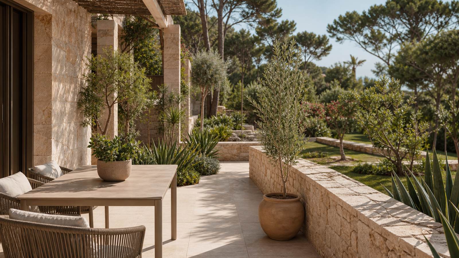 KI-generiertes Mallorca-Stimmungsbild eines mediterranen Hotel-Außenbereichs für den Hotelcheck des INTUROTEL ESMERALDA PARK in Cala D´Or