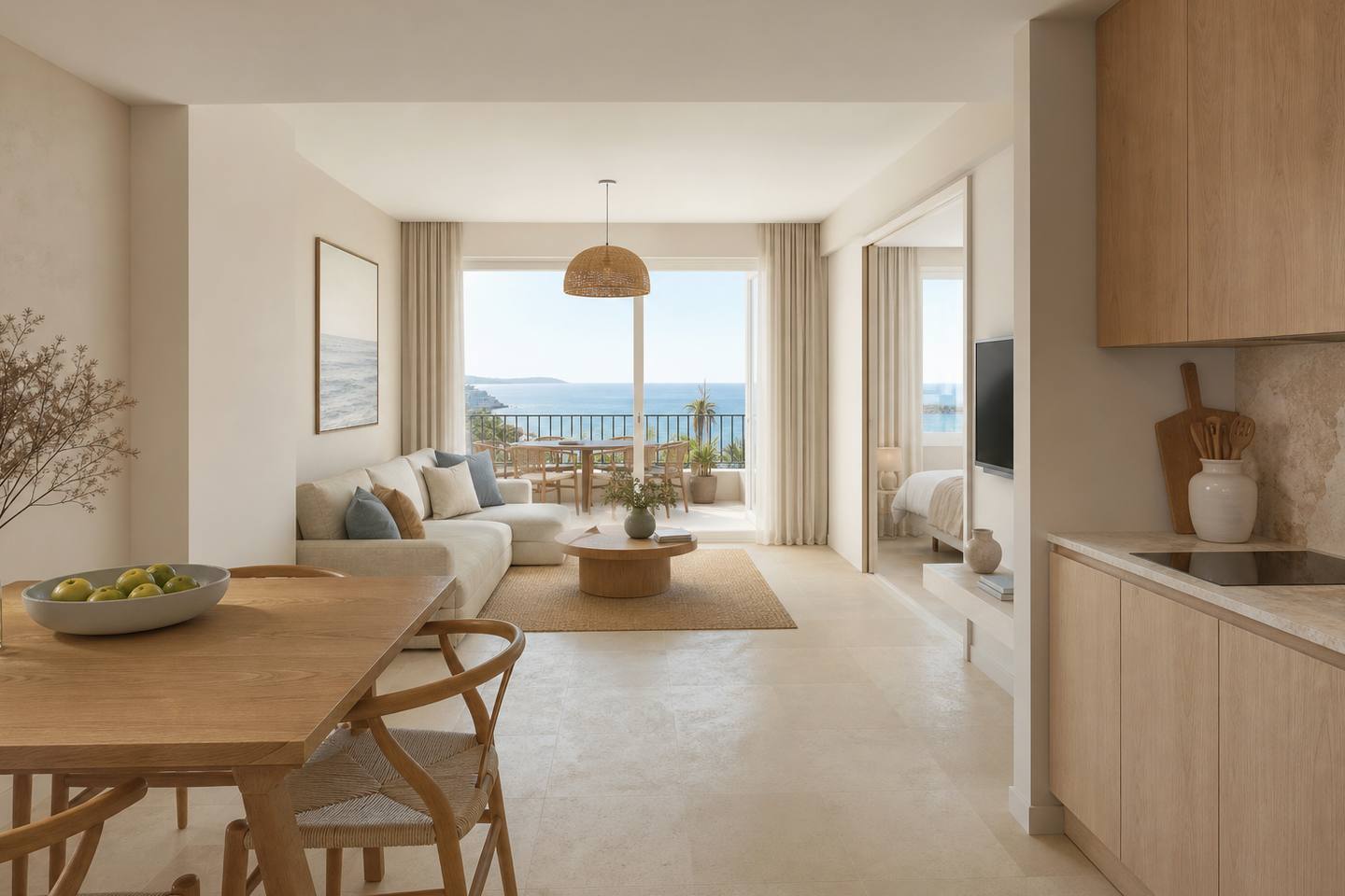 KI-generiertes redaktionelles Stimmungsbild eines mediterranen Hotelzimmers für den Hotelcheck des INTUROTEL ESMERALDA PARK in Cala D´Or