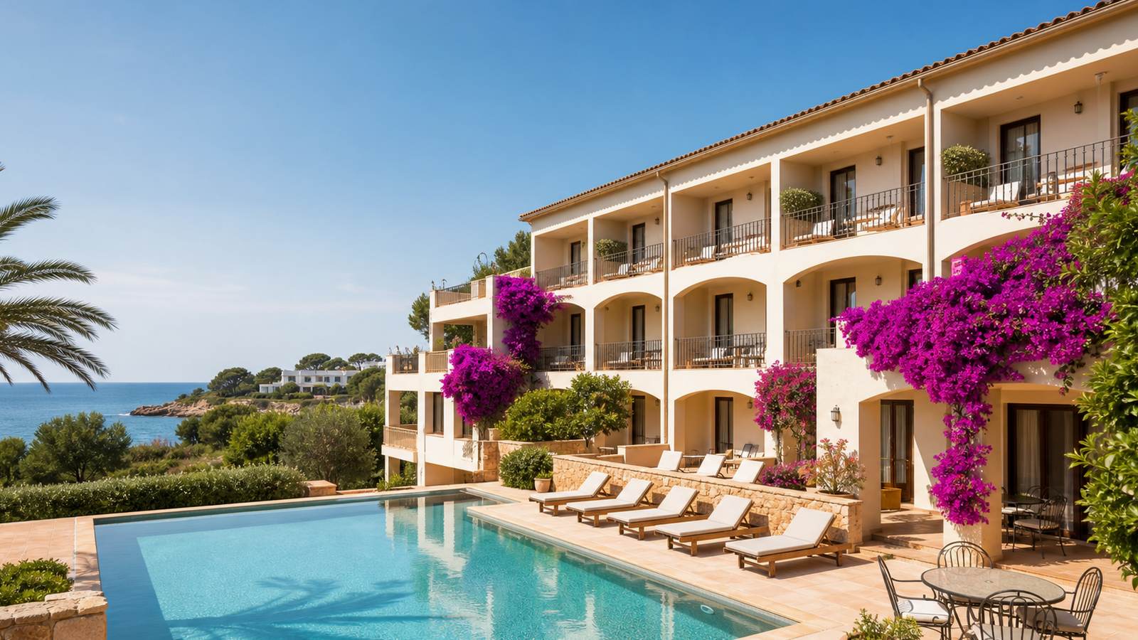 KI-generiertes Mallorca-Stimmungsbild eines mediterranen Hotel-Außenbereichs für den Hotelcheck des INTUROTEL SA MARINA in Cala D´Or