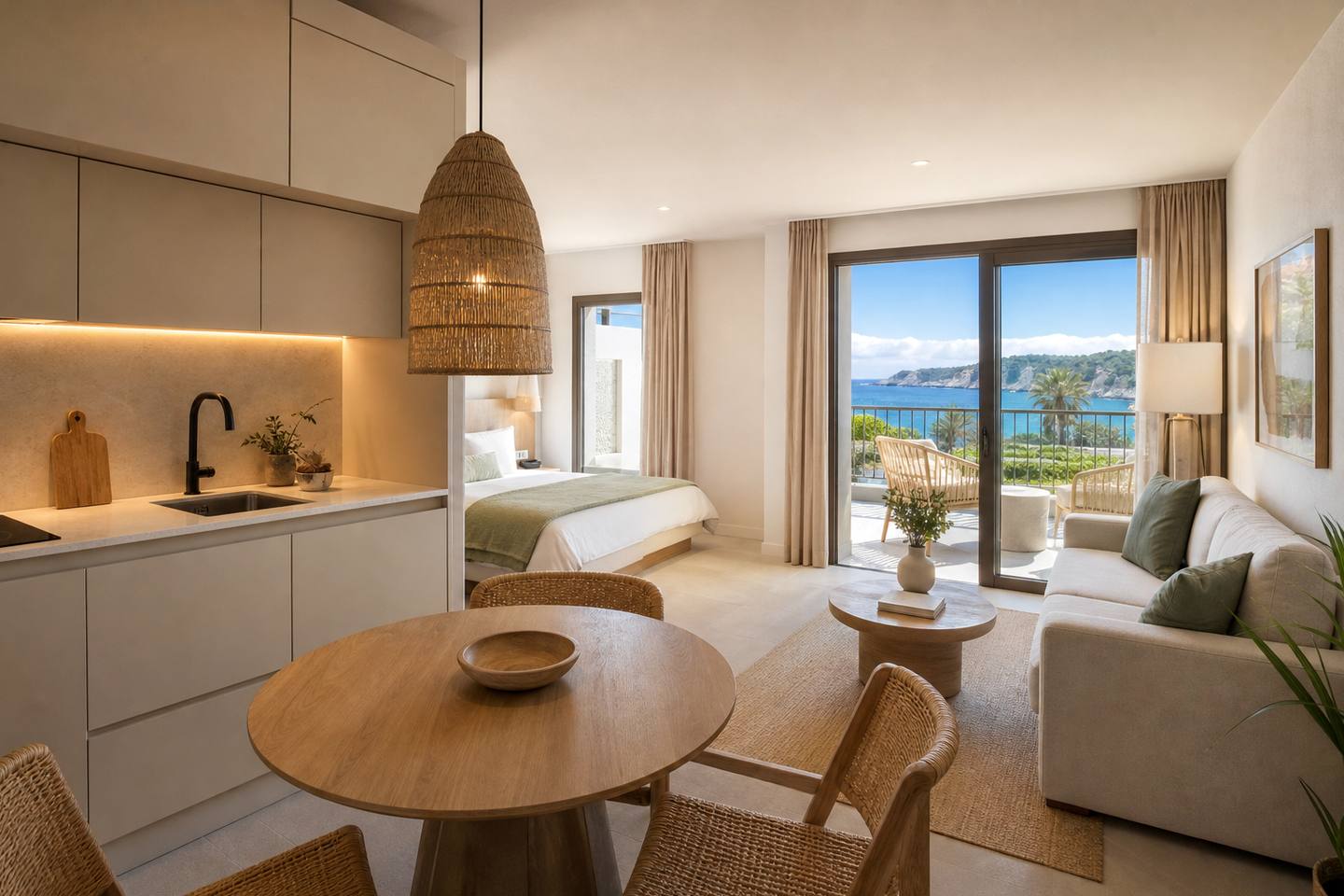 KI-generiertes redaktionelles Stimmungsbild eines mediterranen Hotelzimmers für den Hotelcheck des INTUROTEL SA MARINA in Cala D´Or