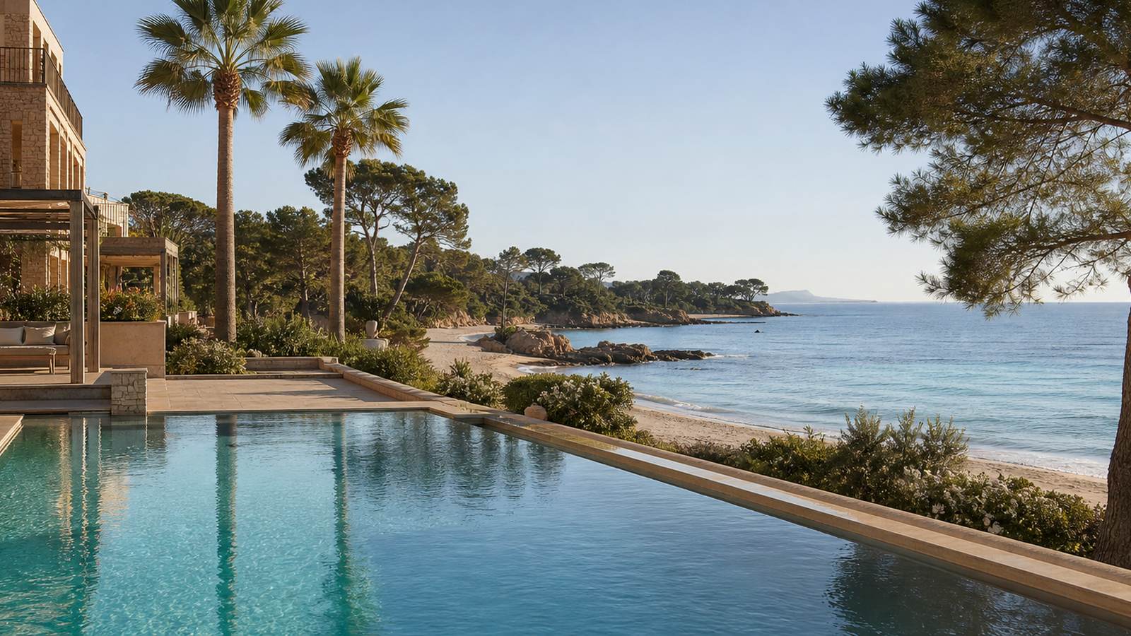 KI-generiertes Mallorca-Stimmungsbild eines mediterranen Hotel-Außenbereichs für den Hotelcheck des IPANEMA BEACH in Arenal (L´)