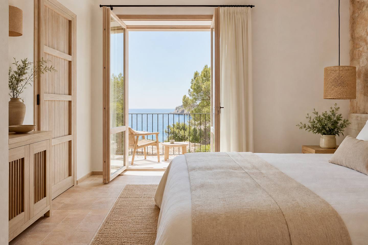 KI-generiertes redaktionelles Stimmungsbild eines mediterranen Hotelzimmers für den Hotelcheck des IPANEMA BEACH in Arenal (L´)