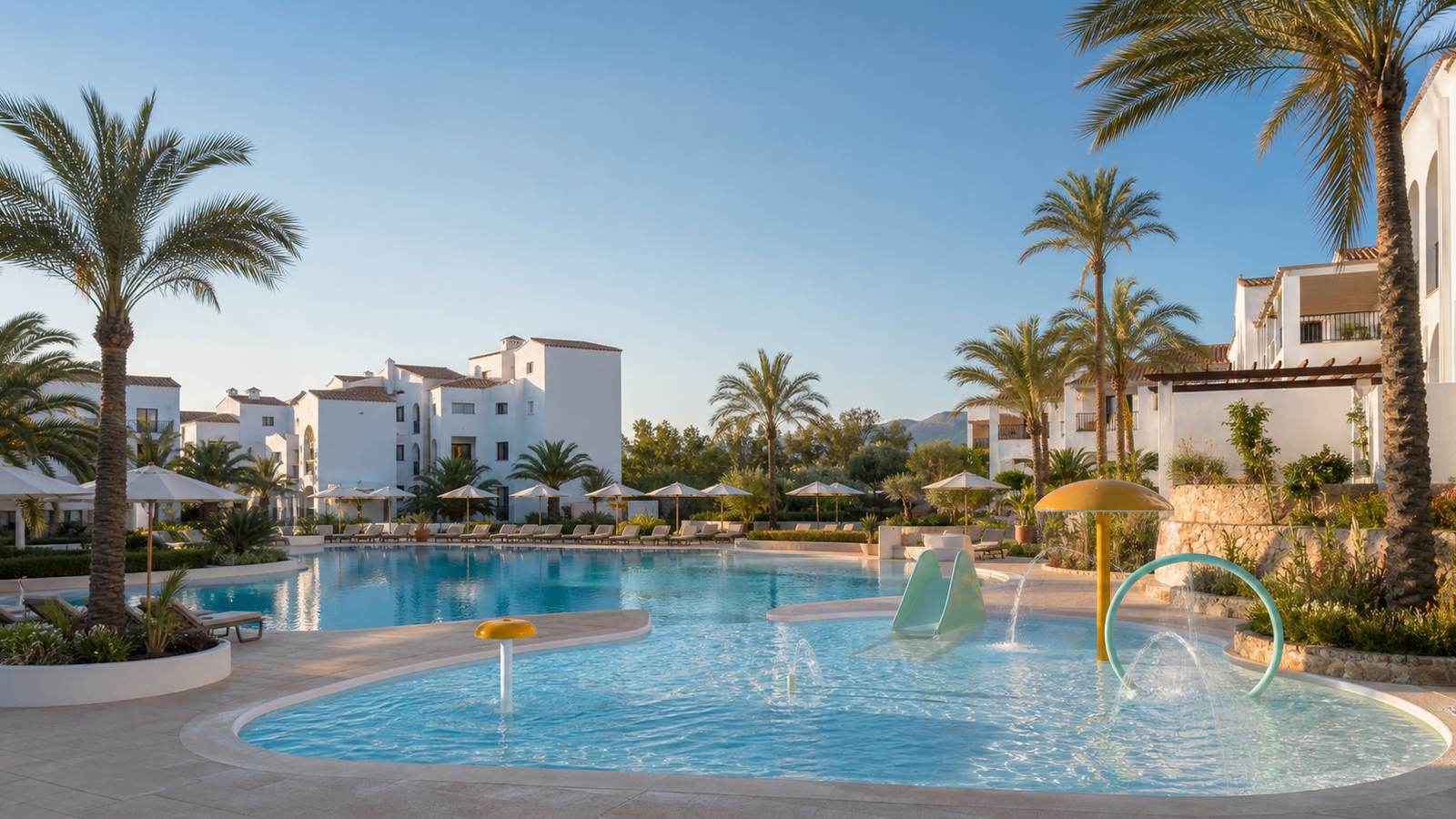 KI-generiertes Mallorca-Stimmungsbild eines mediterranen Hotel-Außenbereichs für den Hotelcheck des IPANEMA PARK in Arenal (L´)