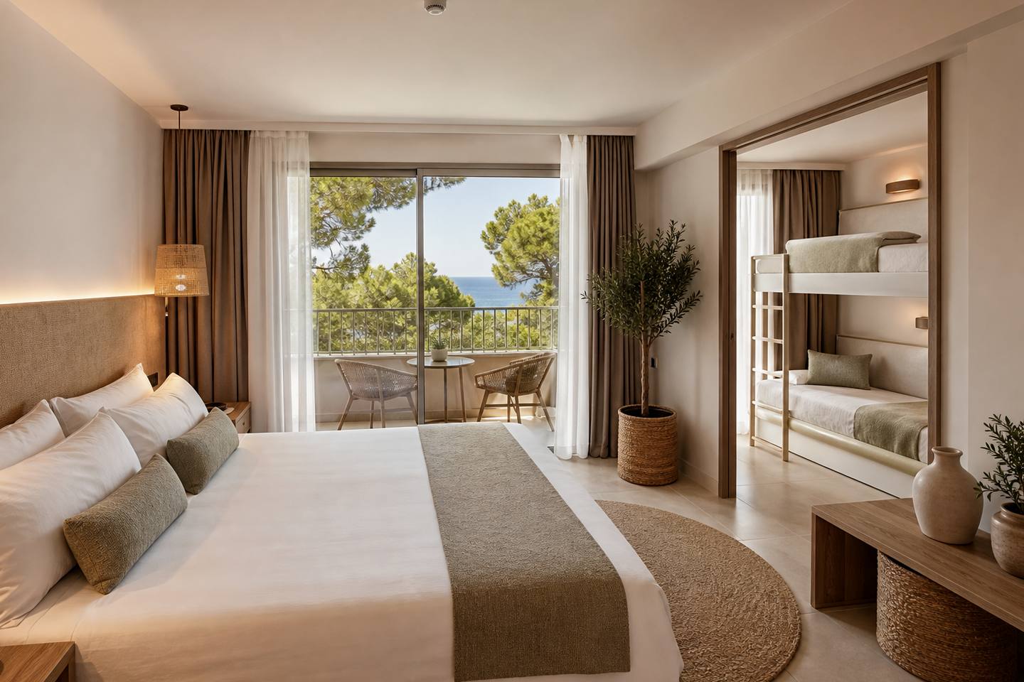 KI-generiertes redaktionelles Stimmungsbild eines mediterranen Hotelzimmers für den Hotelcheck des IPANEMA PARK in Arenal (L´)