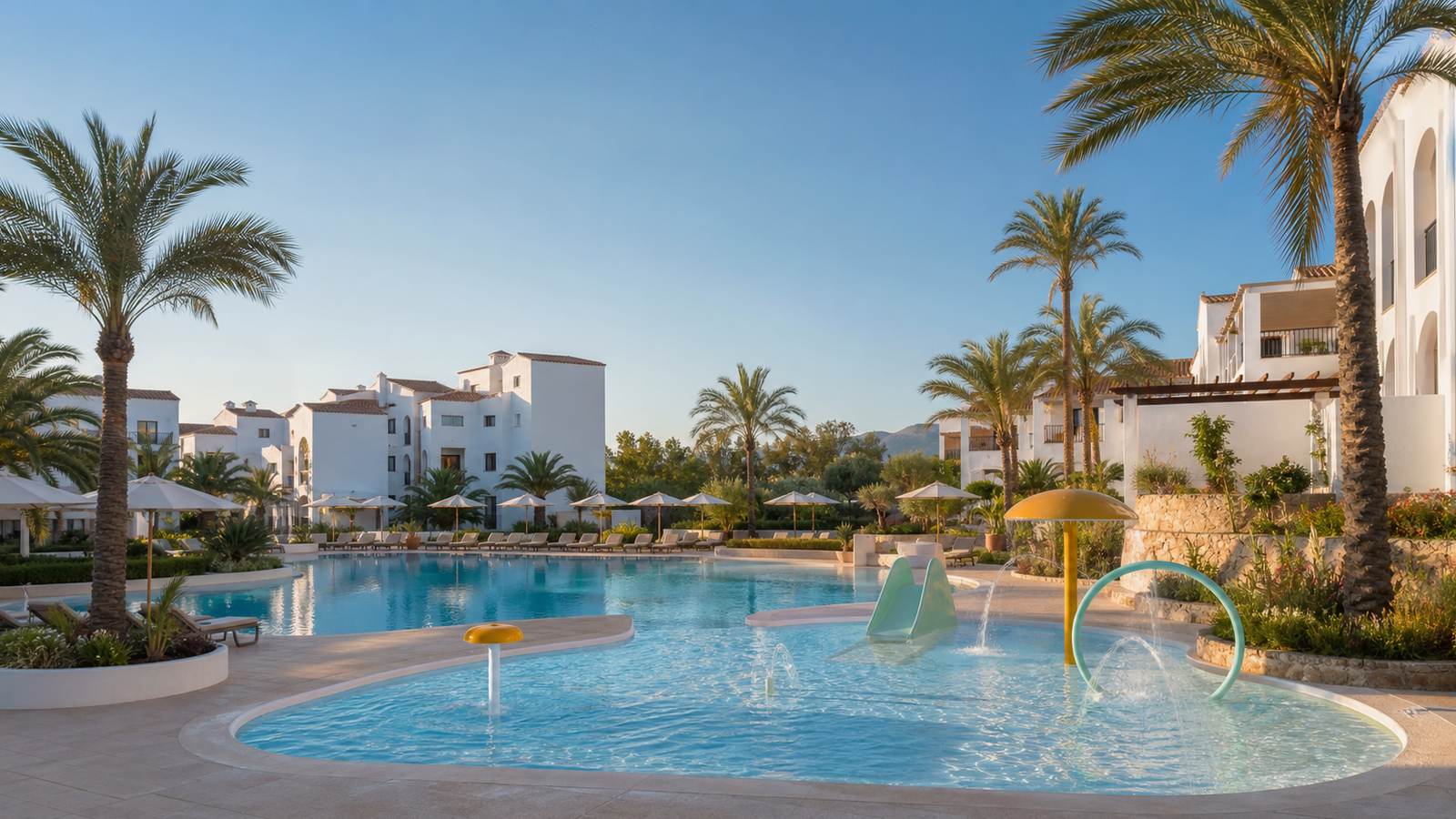 KI-generiertes Mallorca-Stimmungsbild eines mediterranen Hotel-Außenbereichs für den Hotelcheck des ISLA DEL SOL in Can Pastilla