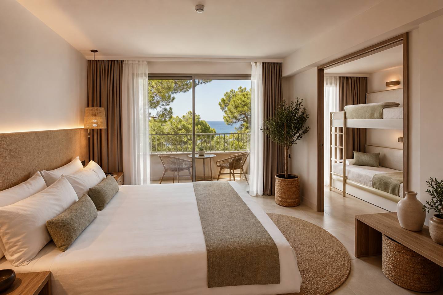 KI-generiertes redaktionelles Stimmungsbild eines mediterranen Hotelzimmers für den Hotelcheck des ISLA DEL SOL in Can Pastilla