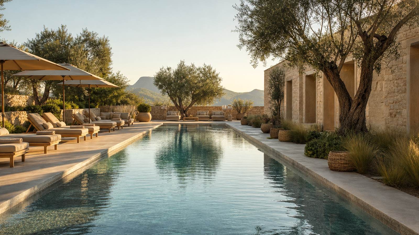 KI-generiertes Mallorca-Stimmungsbild eines mediterranen Hotel-Außenbereichs für den Hotelcheck des JS HOTEL YATE in Can Picafort