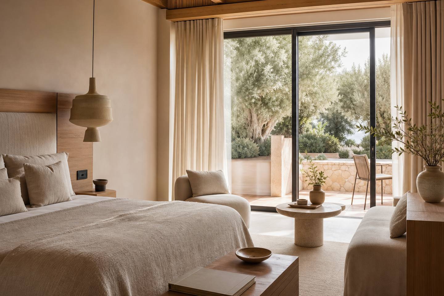 KI-generiertes redaktionelles Stimmungsbild eines mediterranen Hotelzimmers für den Hotelcheck des JS HOTEL YATE in Can Picafort
