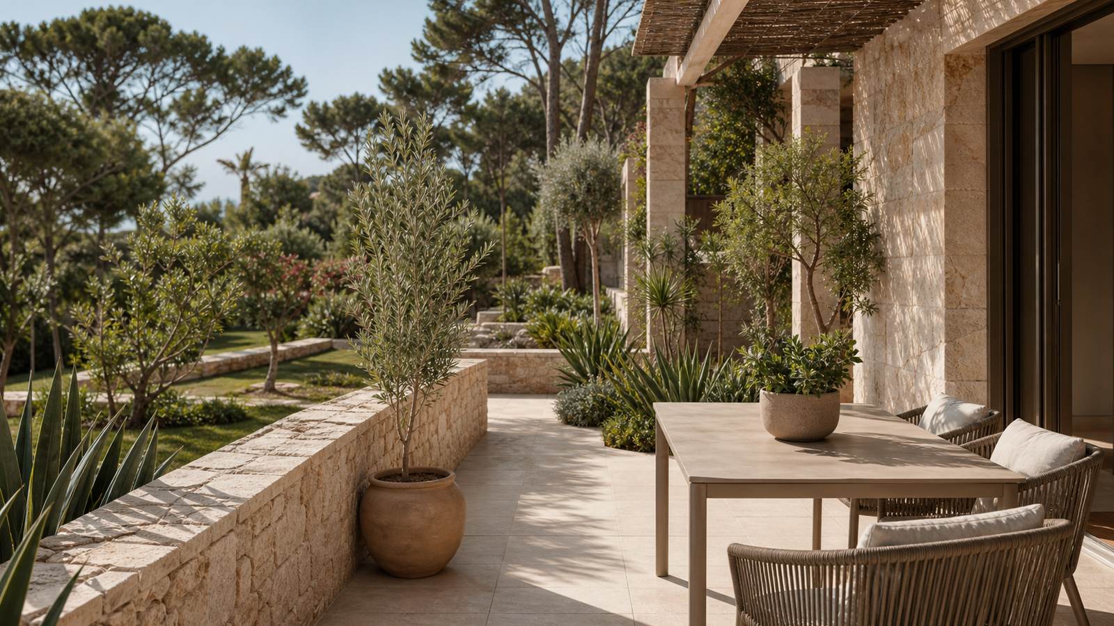 KI-generiertes Mallorca-Stimmungsbild eines mediterranen Hotel-Außenbereichs für den Hotelcheck des KONTIKI PLAYA in Platja De Palma