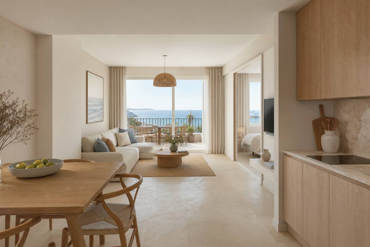 KI-generiertes redaktionelles Stimmungsbild eines mediterranen Hotelzimmers für den Hotelcheck des KONTIKI PLAYA in Platja De Palma
