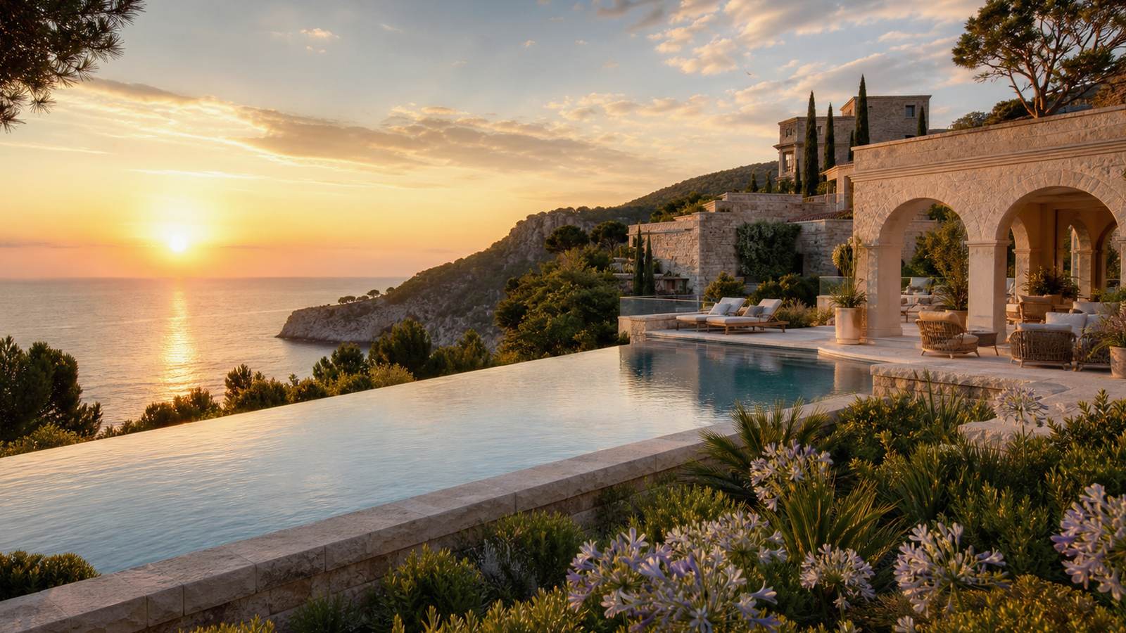 KI-generiertes Mallorca-Stimmungsbild eines mediterranen Hotel-Außenbereichs für den Hotelcheck des LA DORADA in Platja De Muro