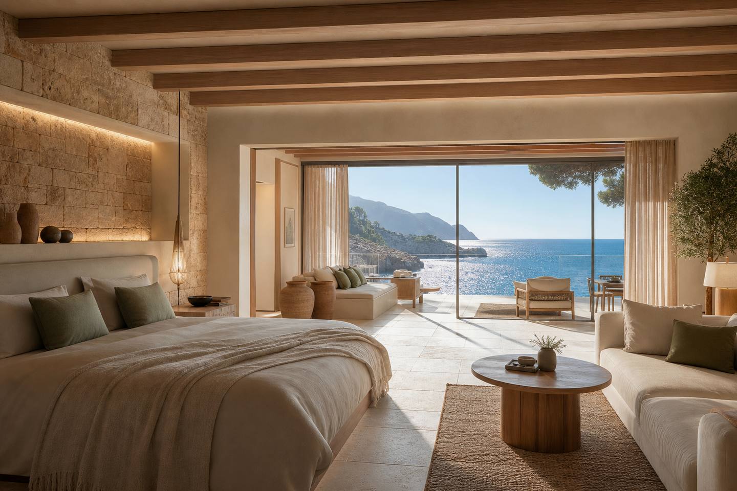 KI-generiertes redaktionelles Stimmungsbild eines mediterranen Hotelzimmers für den Hotelcheck des LA DORADA in Platja De Muro