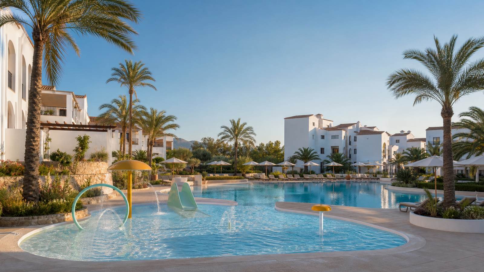 KI-generiertes Mallorca-Stimmungsbild eines mediterranen Hotel-Außenbereichs für den Hotelcheck des LA MIRADA in Cala D´Or