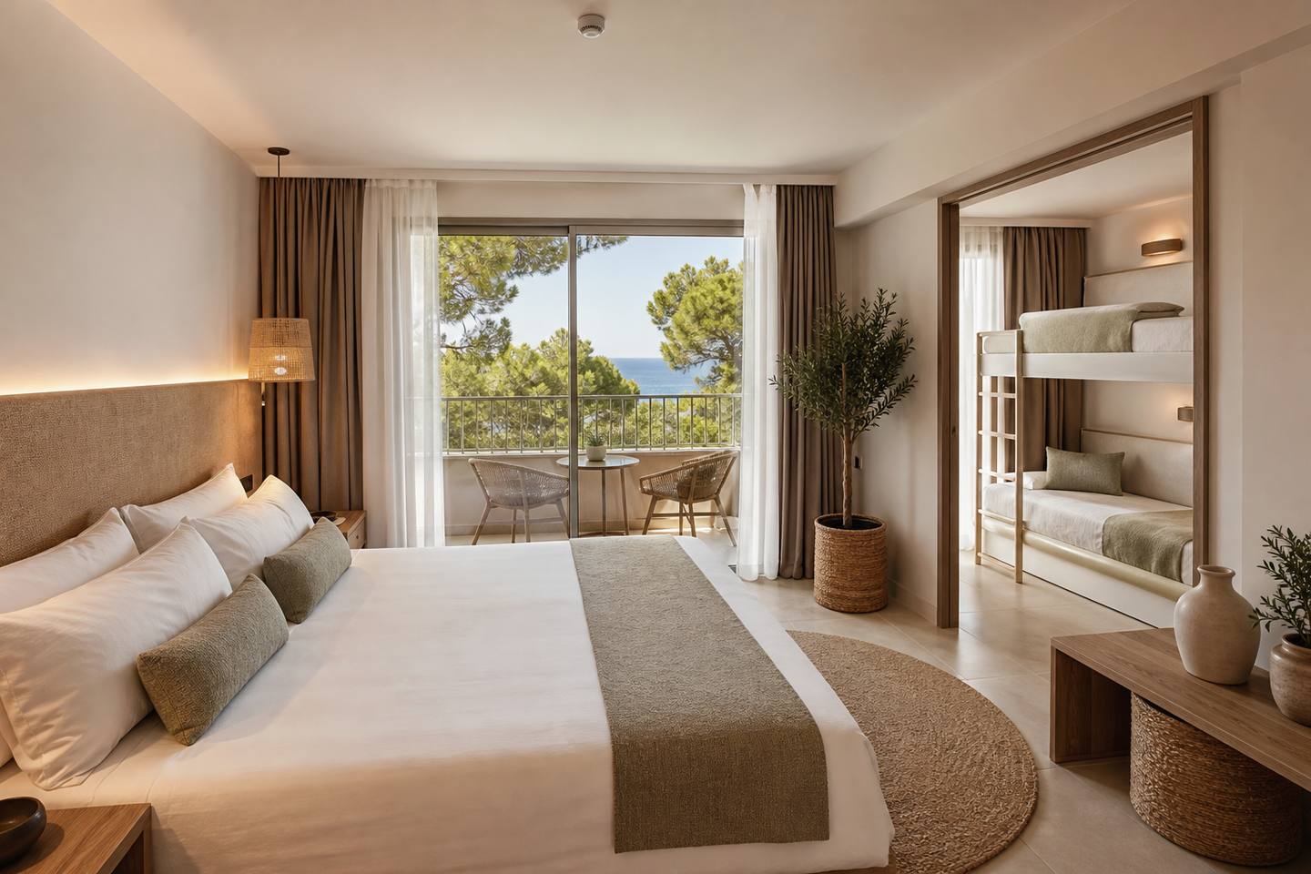 KI-generiertes redaktionelles Stimmungsbild eines mediterranen Hotelzimmers für den Hotelcheck des LA MIRADA in Cala D´Or