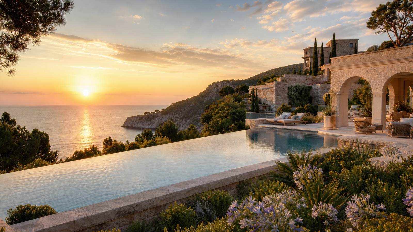 KI-generiertes Mallorca-Stimmungsbild eines mediterranen Hotel-Außenbereichs für den Hotelcheck des LA MORALEJA in Cala Sant Vicenç
