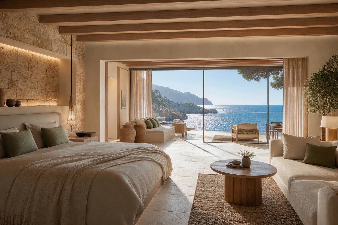 KI-generiertes redaktionelles Stimmungsbild eines mediterranen Hotelzimmers für den Hotelcheck des LA MORALEJA in Cala Sant Vicenç