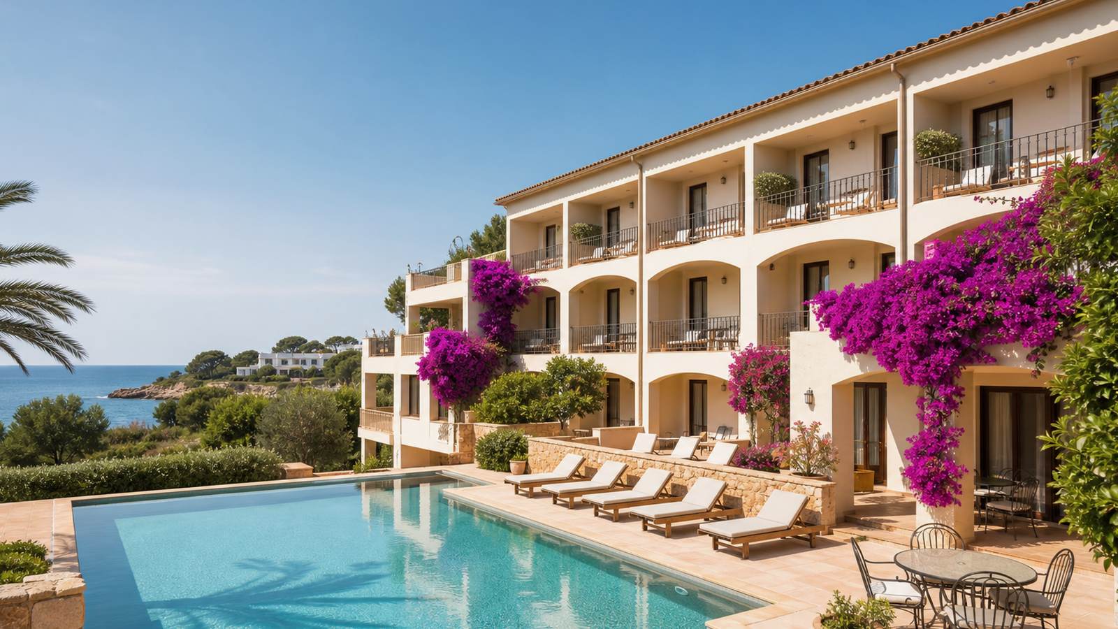 KI-generiertes Mallorca-Stimmungsbild eines mediterranen Hotel-Außenbereichs für den Hotelcheck des LA PINEDA in Cala Rajada