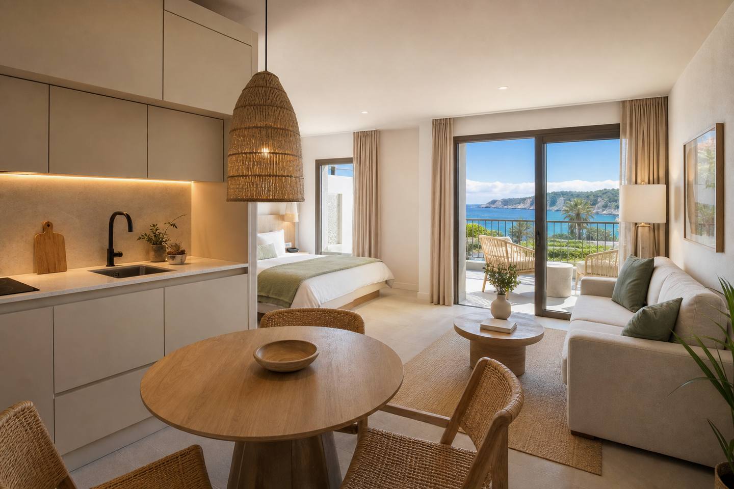 KI-generiertes redaktionelles Stimmungsbild eines mediterranen Hotelzimmers für den Hotelcheck des LA PINEDA in Cala Rajada