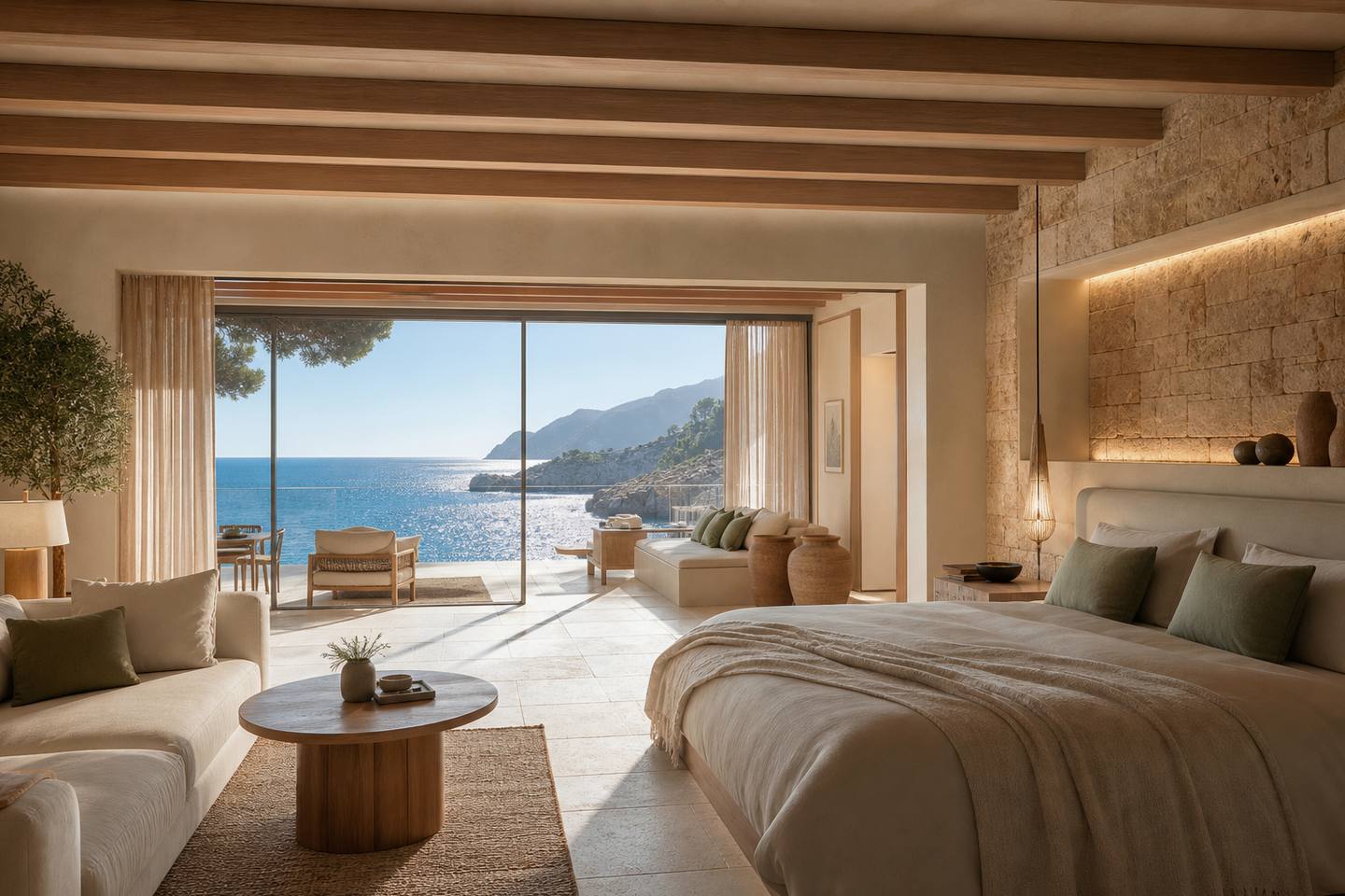 KI-generiertes redaktionelles Stimmungsbild eines mediterranen Hotelzimmers für den Hotelcheck des LAGO GARDEN in Cala Rajada