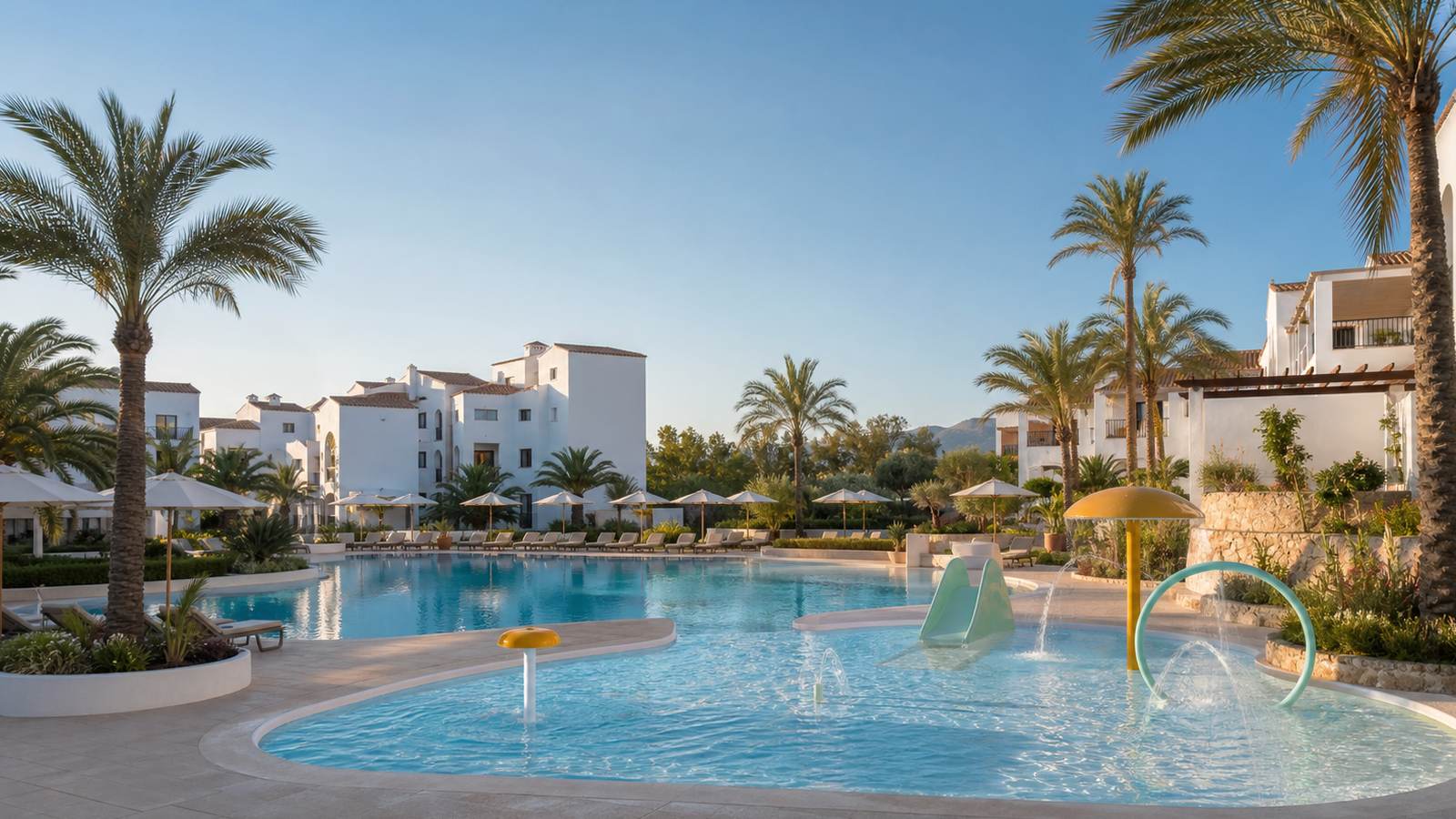 KI-generiertes Mallorca-Stimmungsbild eines mediterranen Hotel-Außenbereichs für den Hotelcheck des LAGO PARK 2 in Platja De Muro