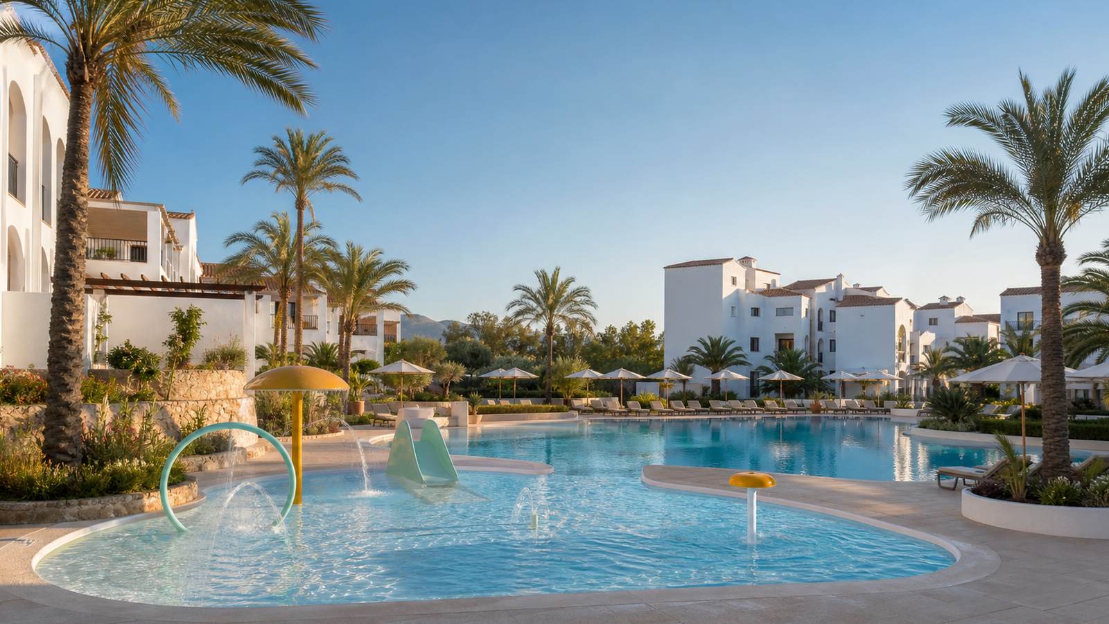 KI-generiertes Mallorca-Stimmungsbild eines mediterranen Hotel-Außenbereichs für den Hotelcheck des LAGO PLAYA PARK in Cala Rajada