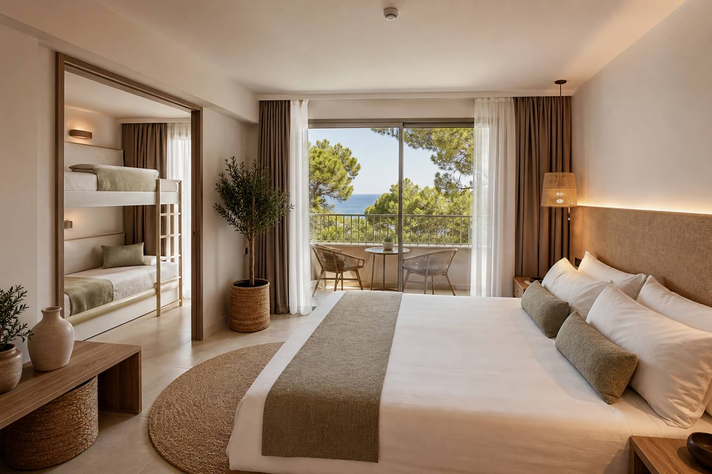 KI-generiertes redaktionelles Stimmungsbild eines mediterranen Hotelzimmers für den Hotelcheck des LAGO PLAYA PARK in Cala Rajada