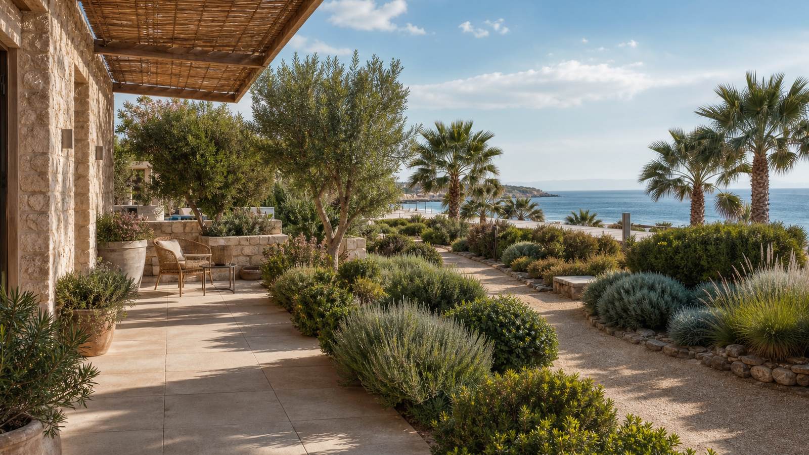 KI-generiertes Mallorca-Stimmungsbild eines mediterranen Hotel-Außenbereichs für den Hotelcheck des LAGOTEL CLUB in Platja De Muro
