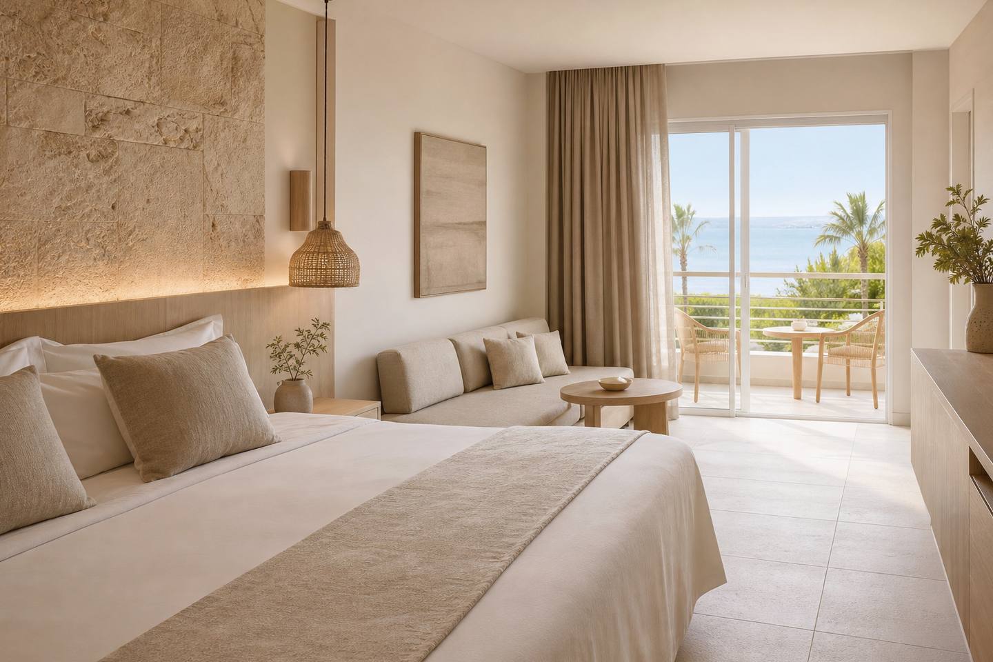 KI-generiertes redaktionelles Stimmungsbild eines mediterranen Hotelzimmers für den Hotelcheck des LAGOTEL CLUB in Platja De Muro
