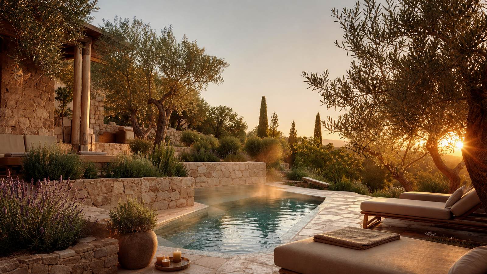 KI-generiertes Mallorca-Stimmungsbild eines mediterranen Hotel-Außenbereichs für den Hotelcheck des LAS GAVIOTAS SUITES HOTEL & SPA in Platja De Muro