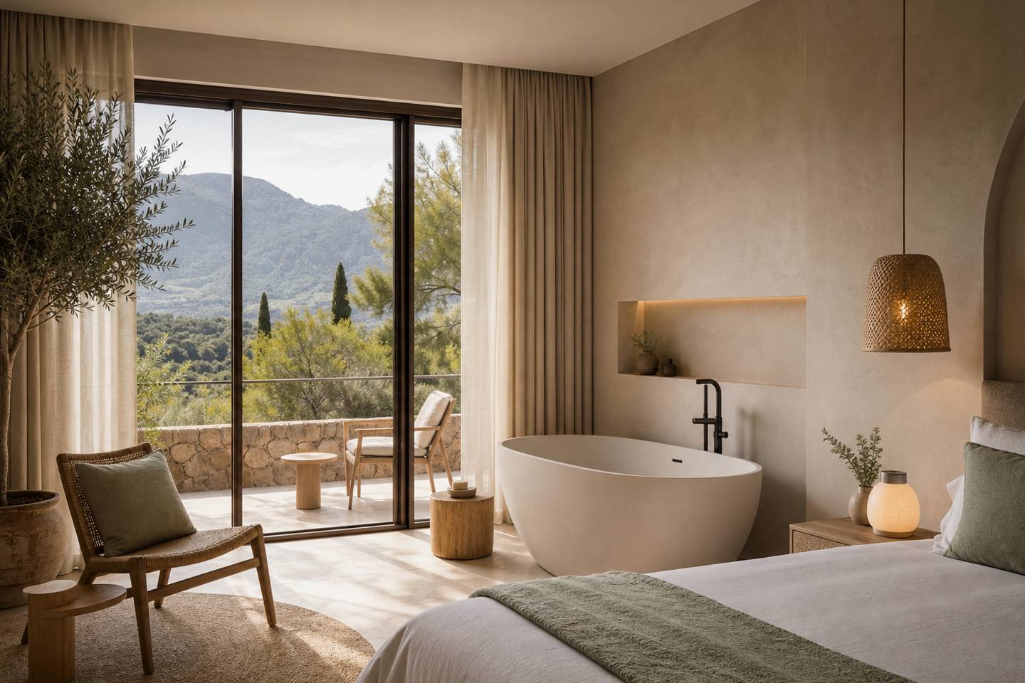 KI-generiertes redaktionelles Stimmungsbild eines mediterranen Hotelzimmers für den Hotelcheck des LAS GAVIOTAS SUITES HOTEL & SPA in Platja De Muro
