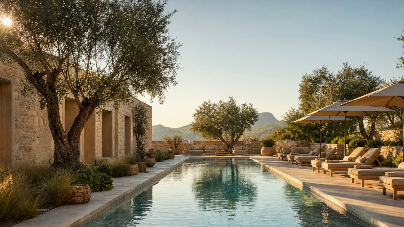 KI-generiertes Mallorca-Stimmungsbild eines mediterranen Hotel-Außenbereichs für den Hotelcheck des LEONARDO BOUTIQUE HOTEL MALLORCA PORT PORTALS in Portals Nous