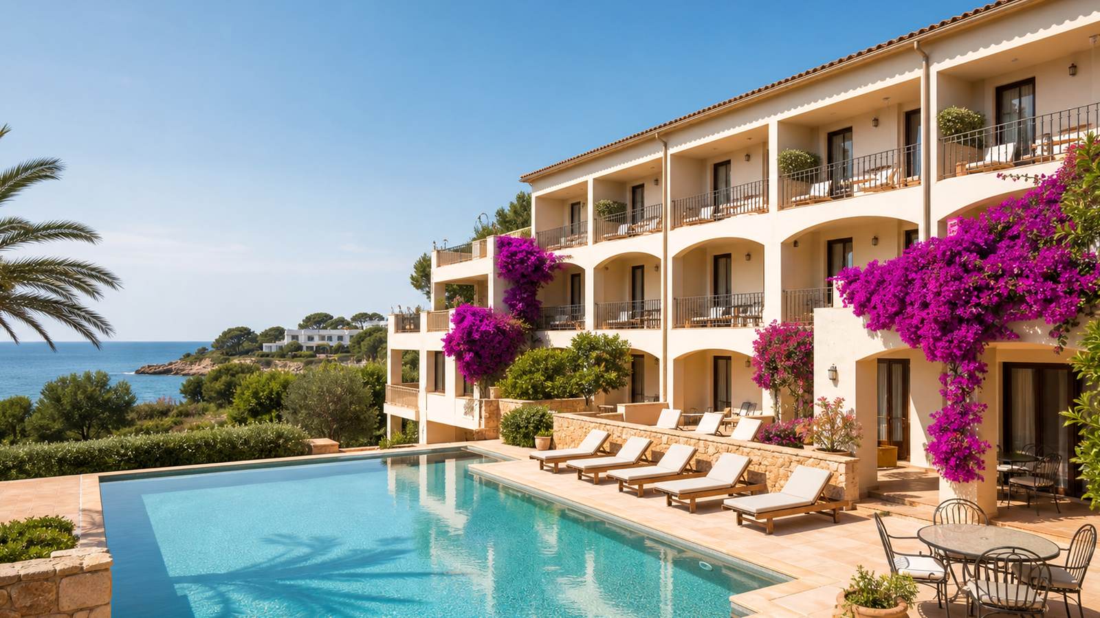KI-generiertes Mallorca-Stimmungsbild eines mediterranen Hotel-Außenbereichs für den Hotelcheck des Leonardo Royal Hotel Palmanova Bay Calvia in Palmanova