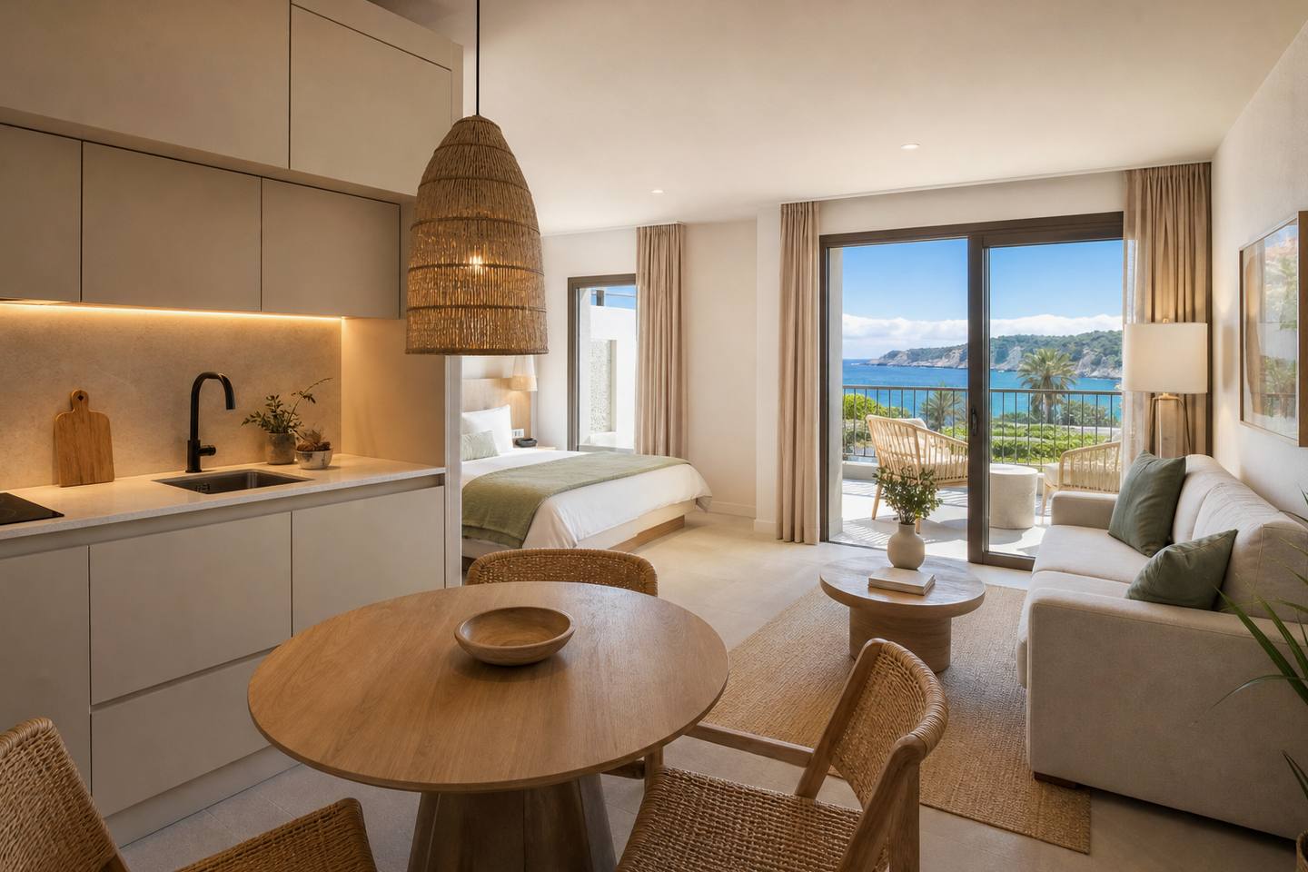 KI-generiertes redaktionelles Stimmungsbild eines mediterranen Hotelzimmers für den Hotelcheck des Leonardo Royal Hotel Palmanova Bay Calvia in Palmanova