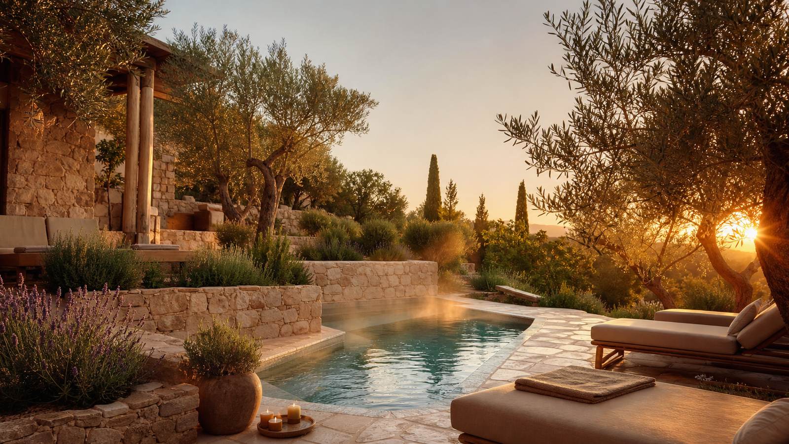 KI-generiertes Mallorca-Stimmungsbild eines mediterranen Hotel-Außenbereichs für den Hotelcheck des L´HERMITAGE in Orient