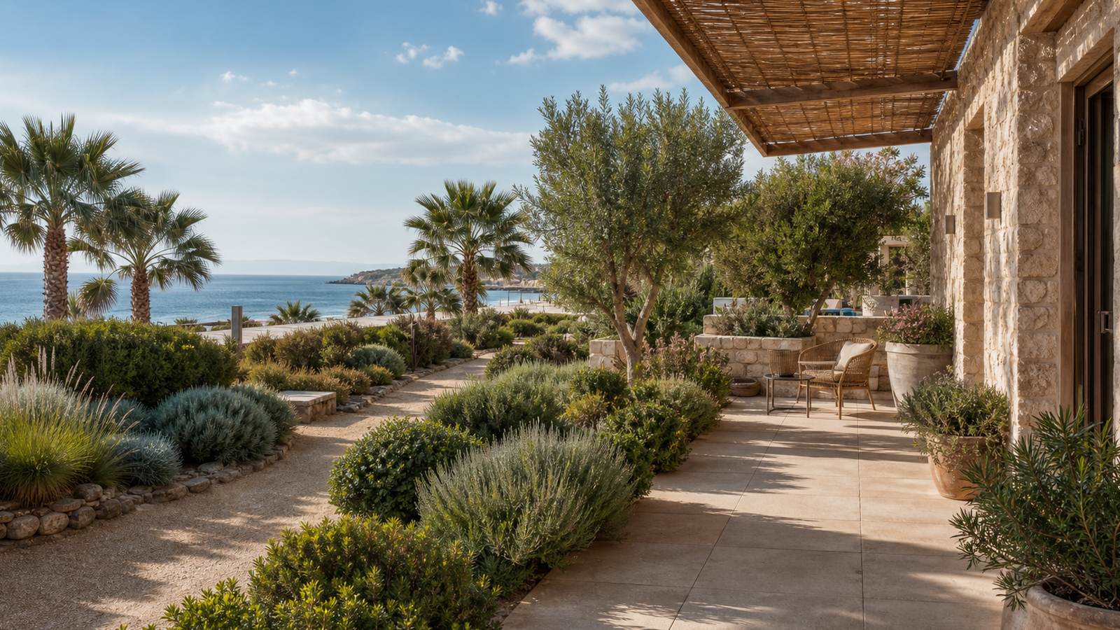 KI-generiertes Mallorca-Stimmungsbild eines mediterranen Hotel-Außenbereichs für den Hotelcheck des L´ILLOT PARK in Cala Rajada