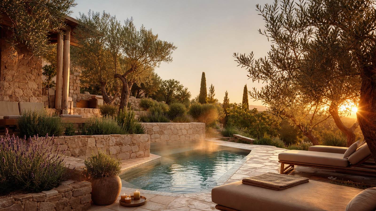 KI-generiertes Mallorca-Stimmungsbild eines mediterranen Hotel-Außenbereichs für den Hotelcheck des LINDNER GOLF AND WELLNESS RESORT in Portals Nous