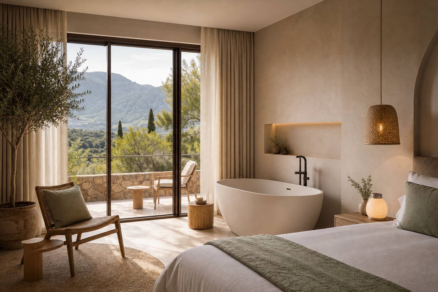 KI-generiertes redaktionelles Stimmungsbild eines mediterranen Hotelzimmers für den Hotelcheck des LINDNER GOLF AND WELLNESS RESORT in Portals Nous