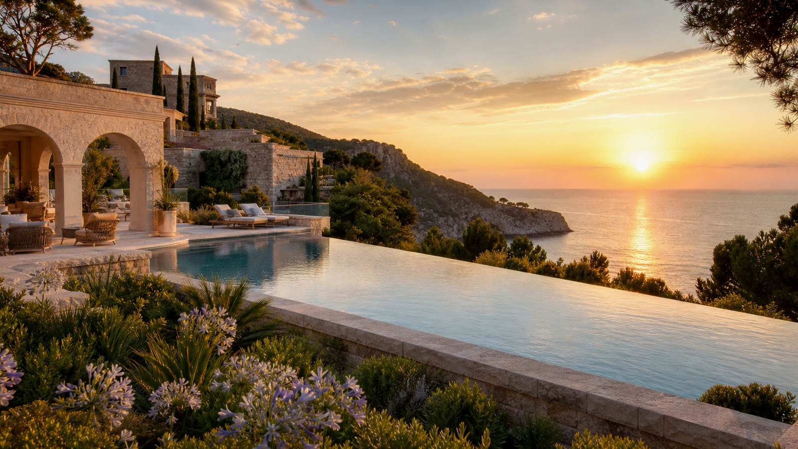 KI-generiertes Mallorca-Stimmungsbild eines mediterranen Hotel-Außenbereichs für den Hotelcheck des LLAUT PALACE HOTEL & SPA in Platja De Palma