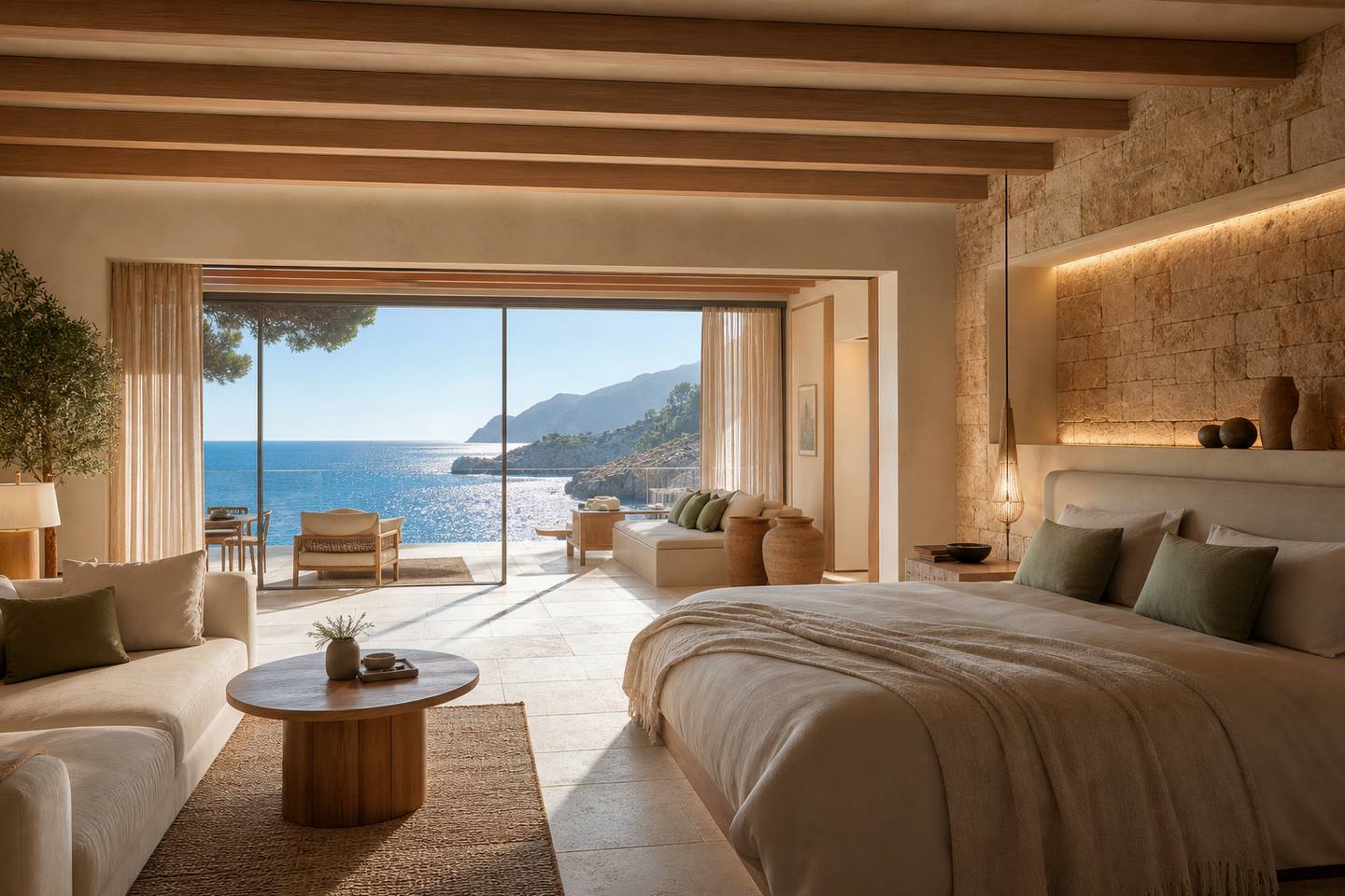 KI-generiertes redaktionelles Stimmungsbild eines mediterranen Hotelzimmers für den Hotelcheck des LLAUT PALACE HOTEL & SPA in Platja De Palma