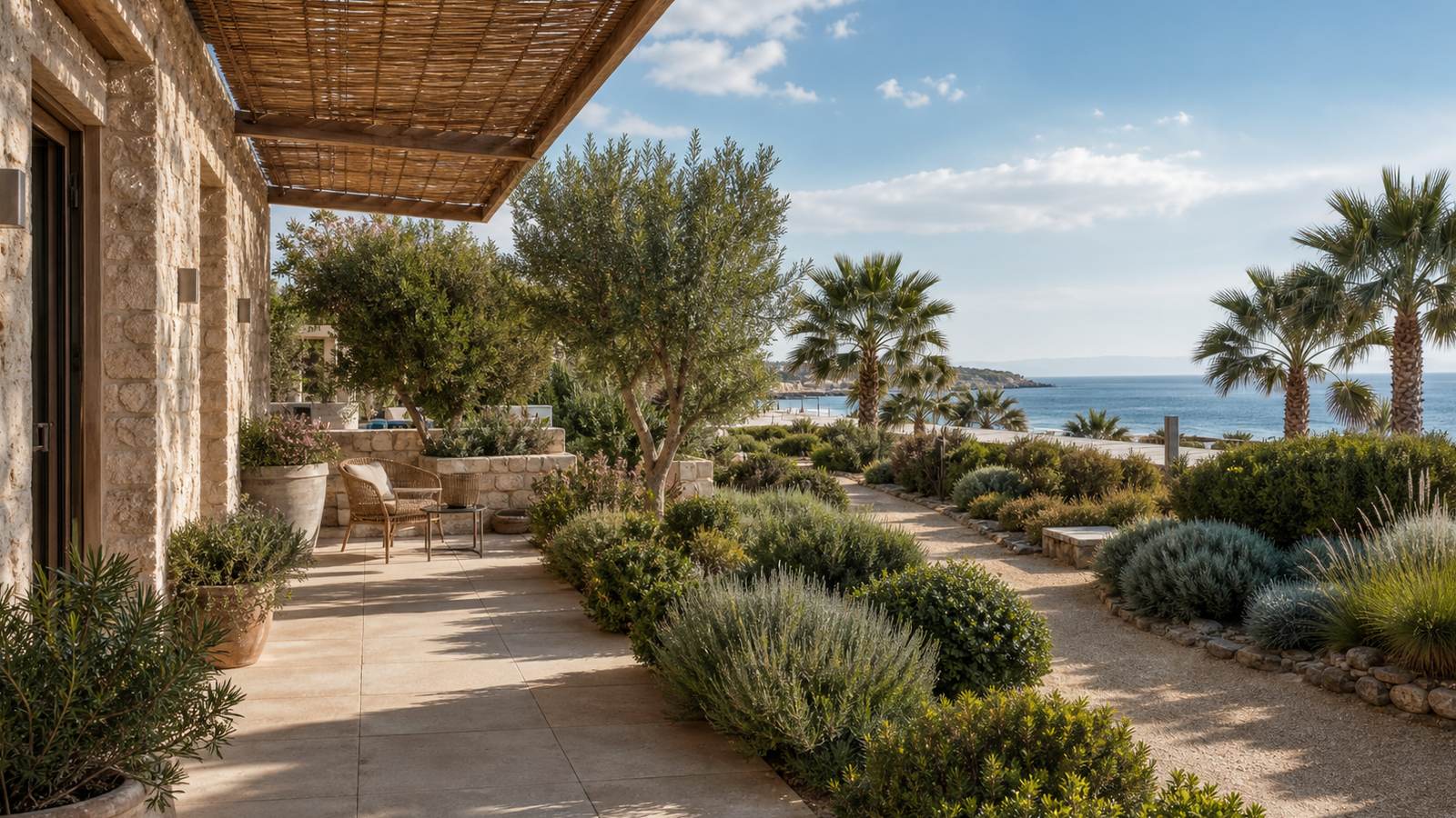 KI-generiertes Mallorca-Stimmungsbild eines mediterranen Hotel-Außenbereichs für den Hotelcheck des LUNA PARK in Arenal (L´)