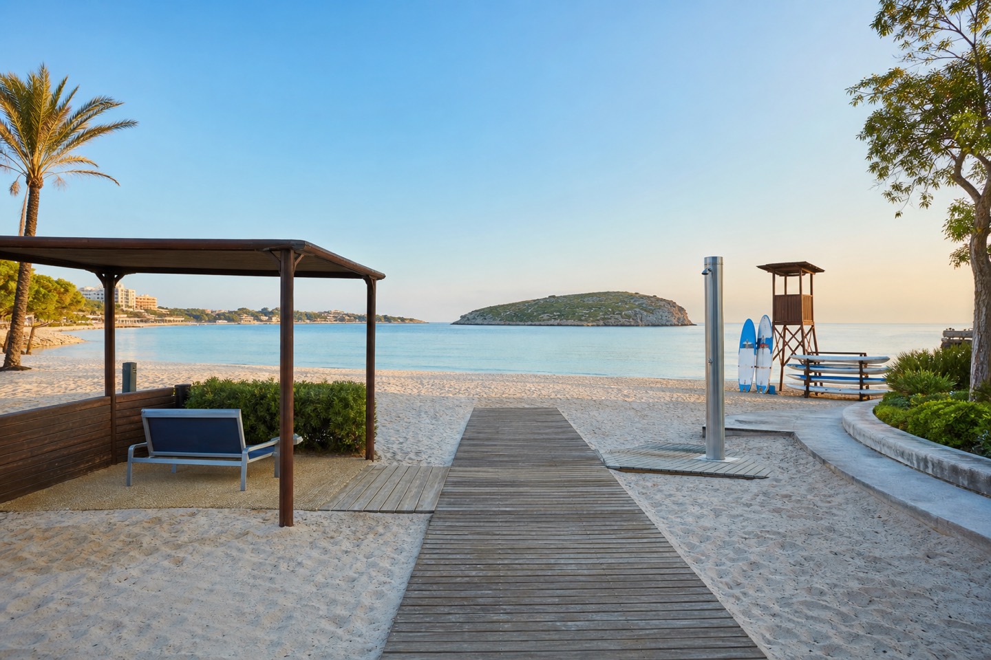 KI-generiertes Stimmungsbild eines Holzstegs mit Schattenzone, Dusche, Rettungspunkt und Paddelbrettern am Strand Magaluf