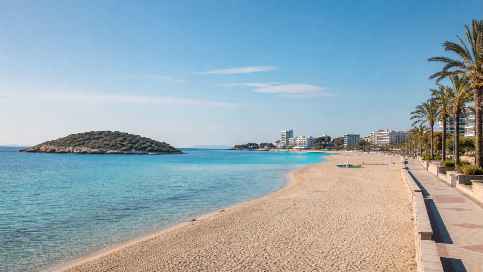 KI-generiertes Stimmungsbild des Strandes Magaluf mit hellem Sand, klarem Wasser, Promenade und der Insel Sa Porrassa