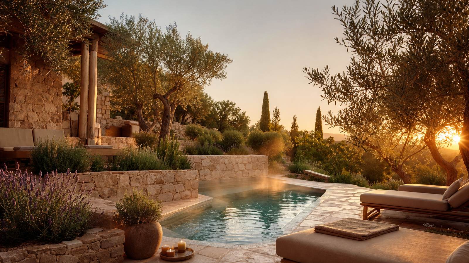 KI-generiertes Mallorca-Stimmungsbild eines mediterranen Hotel-Außenbereichs für den Hotelcheck des MAR HOTELS PAGUERA & SPA in Peguera