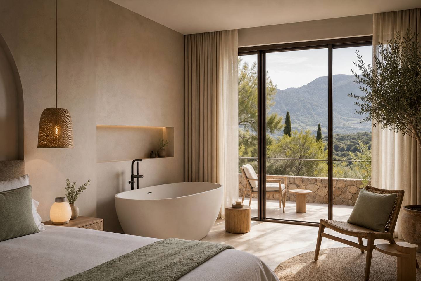 KI-generiertes redaktionelles Stimmungsbild eines mediterranen Hotelzimmers für den Hotelcheck des MAR HOTELS PAGUERA & SPA in Peguera