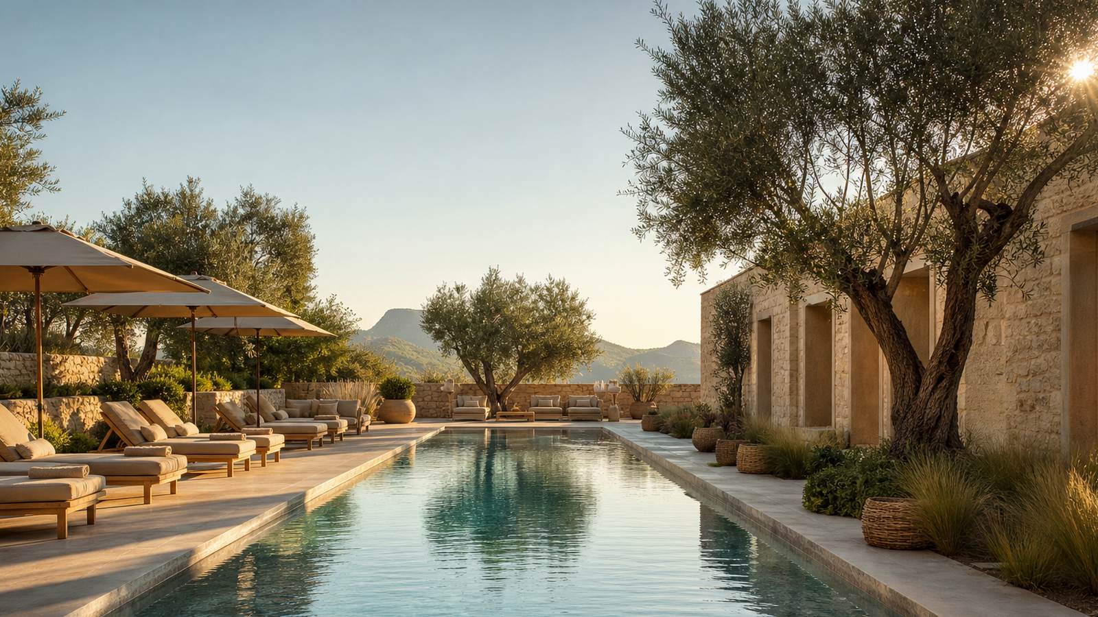 KI-generiertes Mallorca-Stimmungsbild eines mediterranen Hotel-Außenbereichs für den Hotelcheck des MARICEL in Cas Català-Illetes