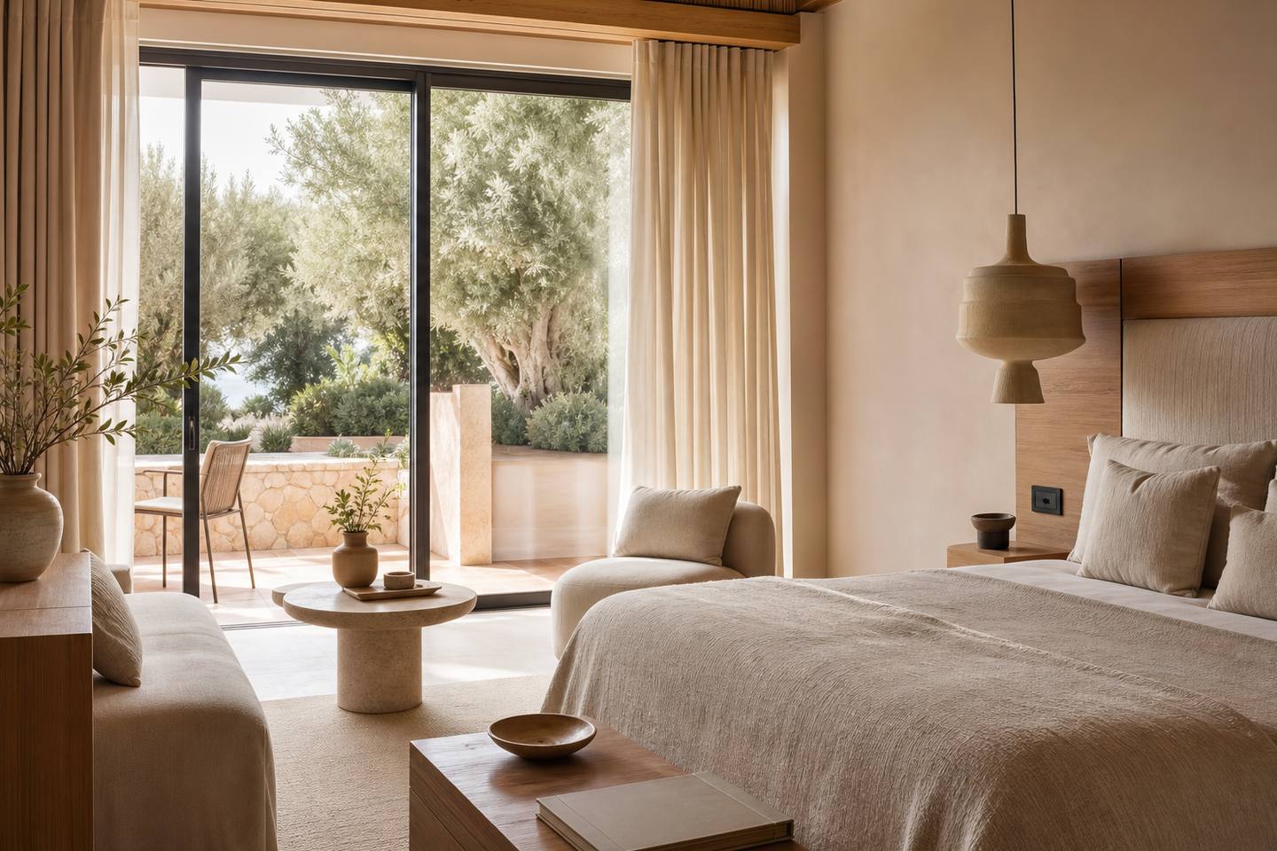 KI-generiertes redaktionelles Stimmungsbild eines mediterranen Hotelzimmers für den Hotelcheck des MARICEL in Cas Català-Illetes
