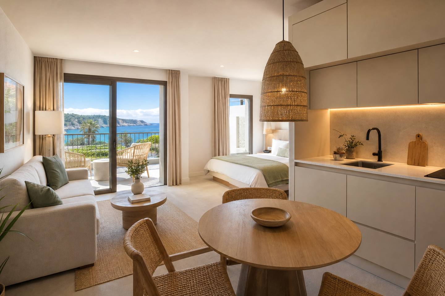 KI-generiertes redaktionelles Stimmungsbild eines mediterranen Hotelzimmers für den Hotelcheck des MARINA PLAYA in Port (El)