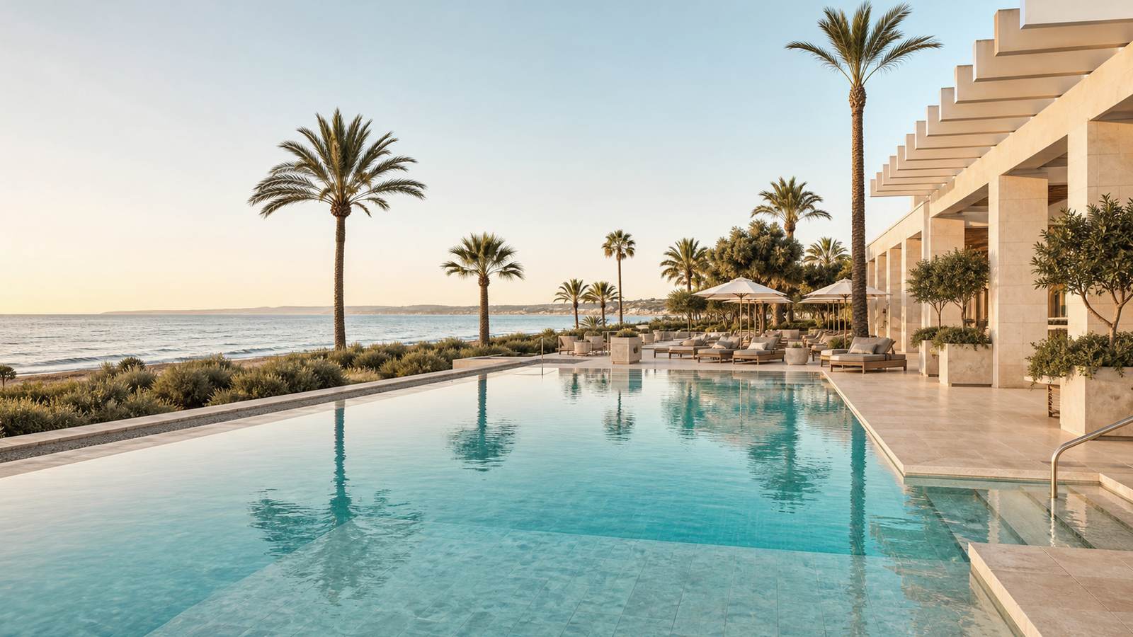 KI-generiertes Mallorca-Stimmungsbild eines mediterranen Hotel-Außenbereichs für den Hotelcheck des MARINA in Port (El)